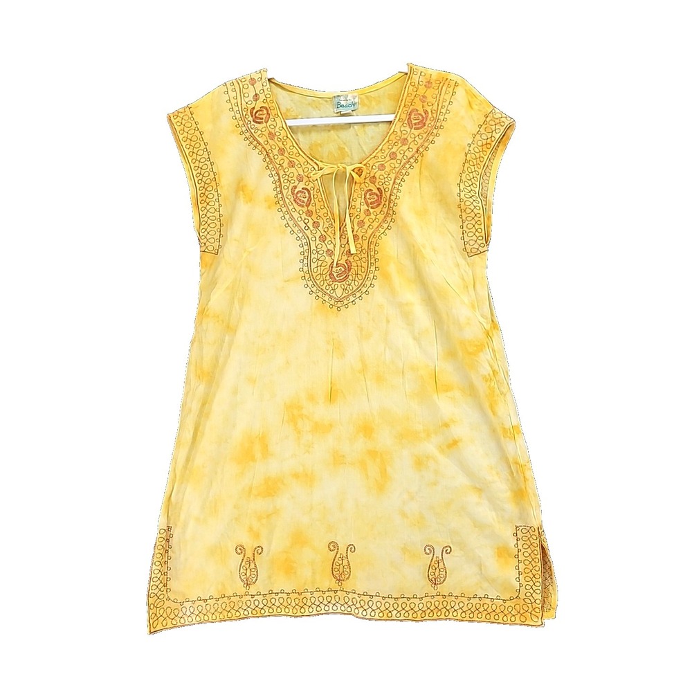 Live and Let Live Beach Swim Cover Up Embroidered Yellow Tie Dye Beachy Coastal